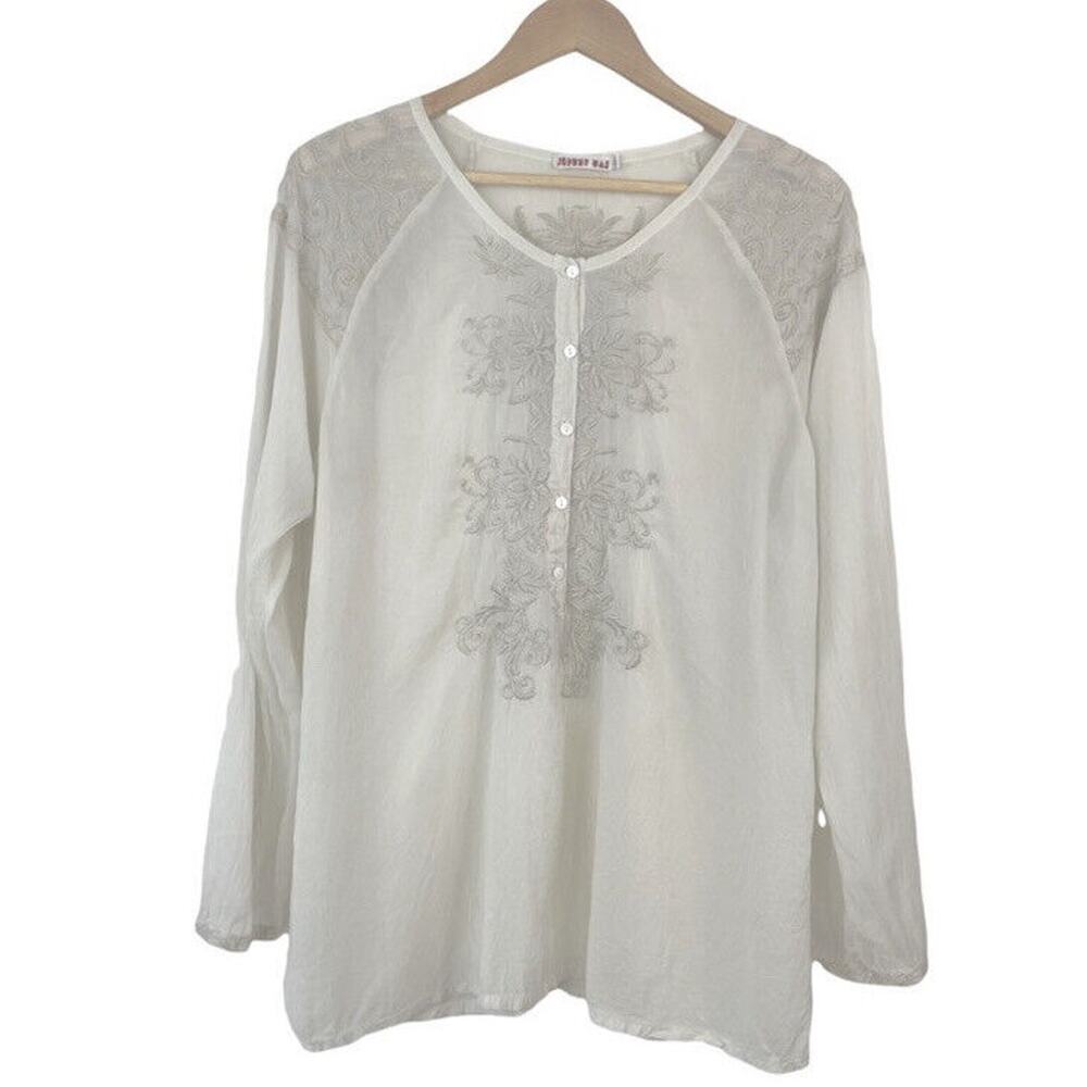 Johnny Was Bohemian Antique White Embroidered Gauzy Peasant Tunic Top Size XS